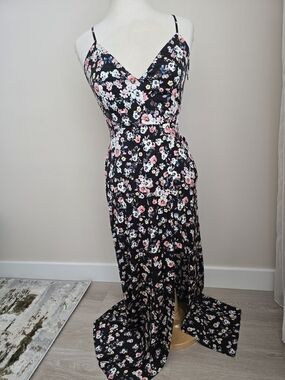 INTERMIX Silk Black Floral Maxi Dress with Pink & White Blossoms Size 4 Y2K